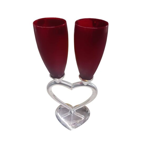 Interlocking heart champagne flutes red / silver wedding Valentine's Stemware Mu - Picture 4 of 4